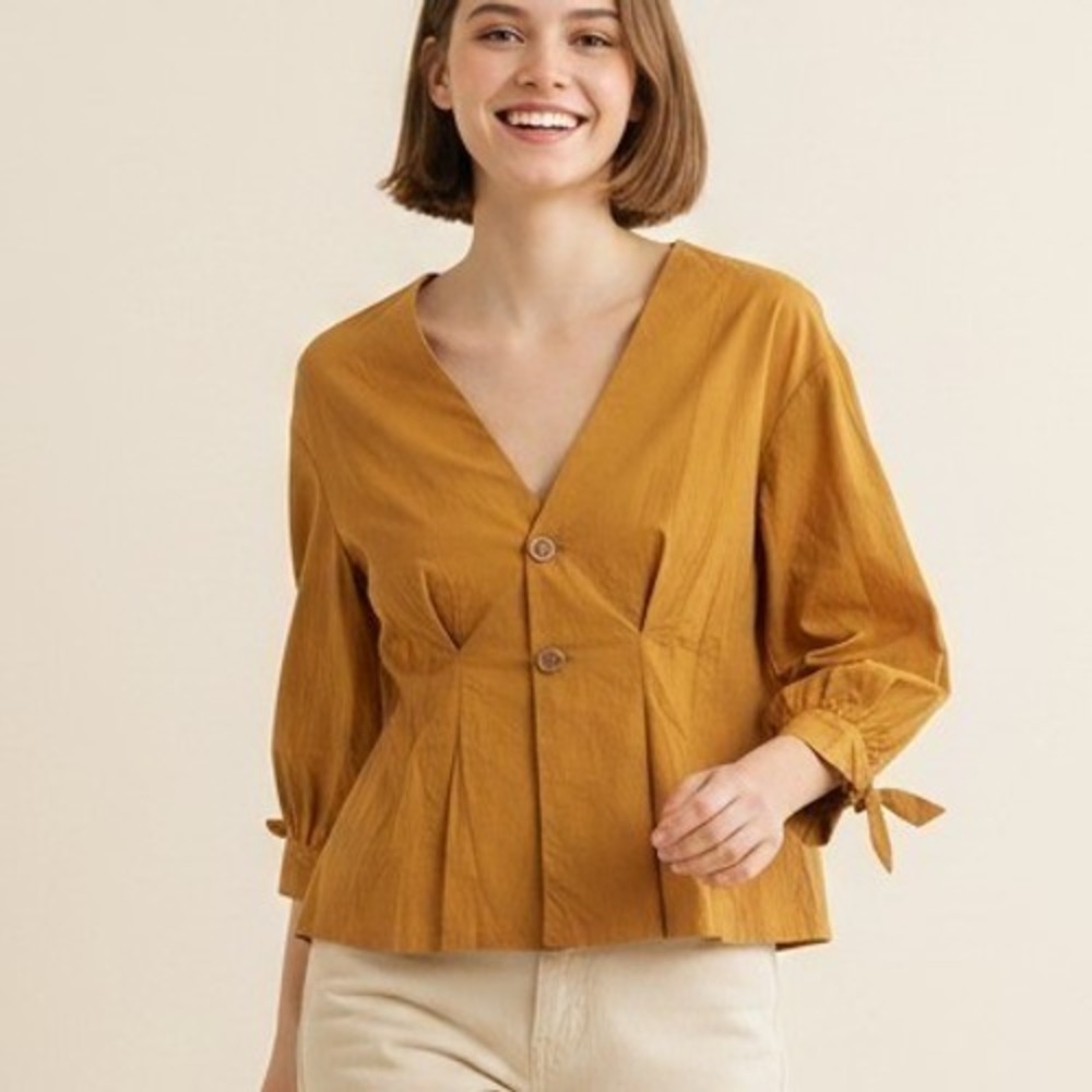 Vintage Listicle Mustard Yellow Pleated Waist V-Neck Blouse with Tie Cuffs M